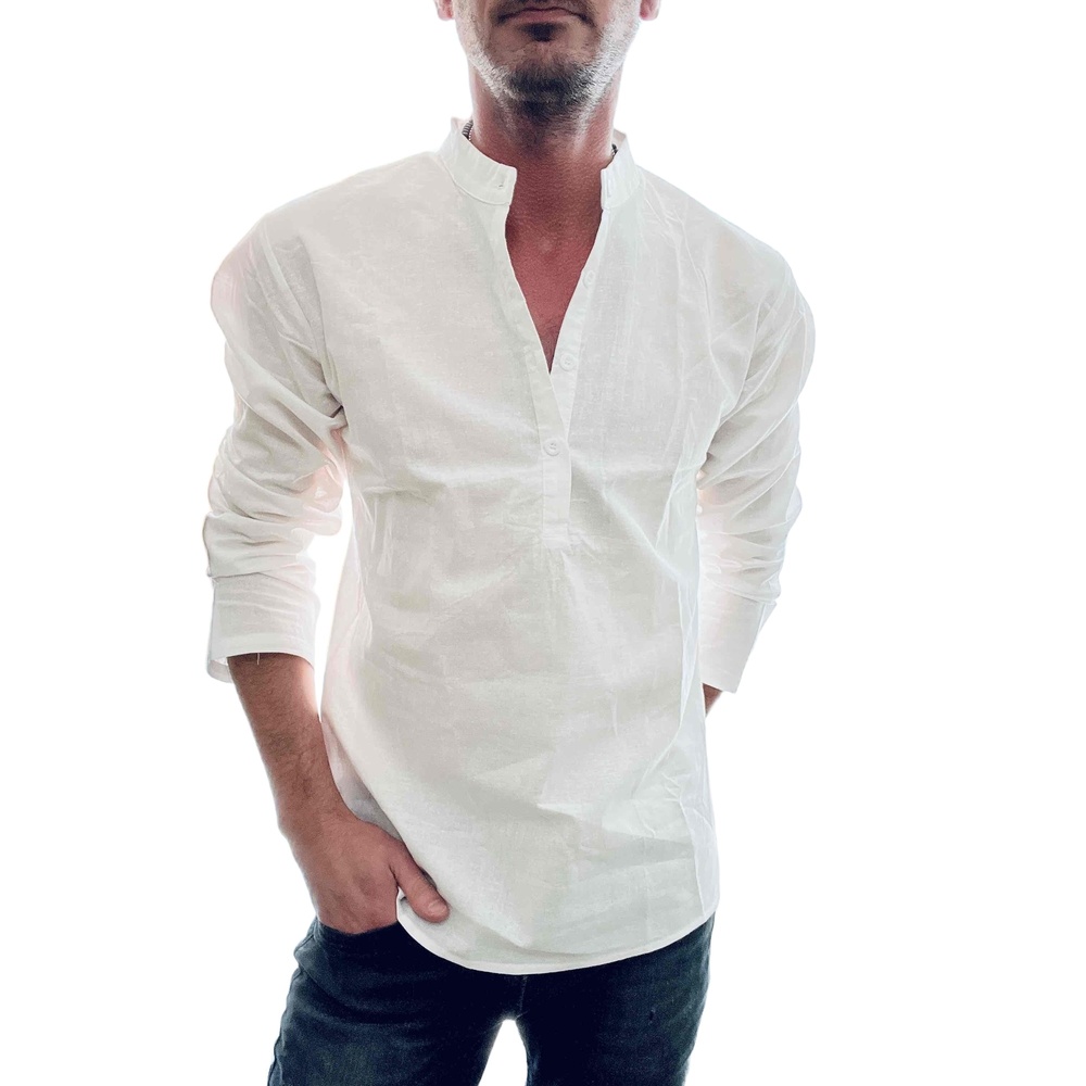 Classic Mens White Long Sleeve Button-Down Henley Shirt Size Small